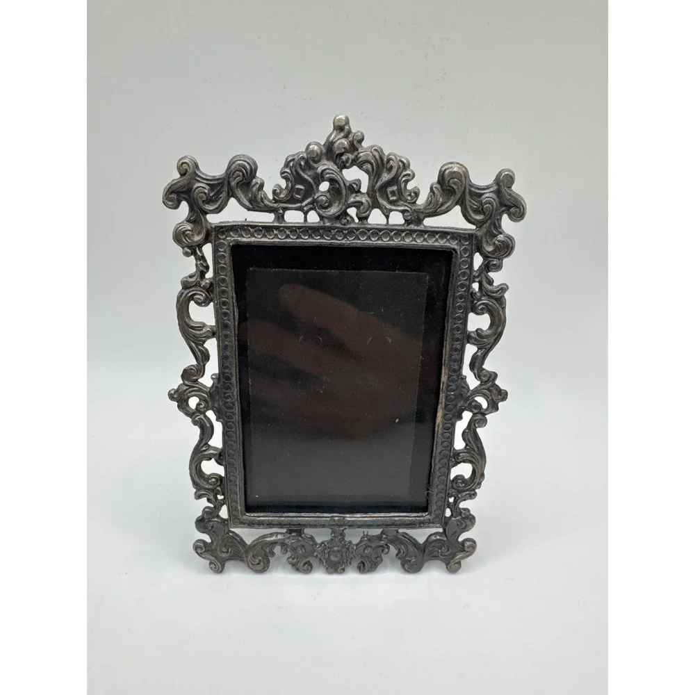 Vintage Ornate Metal Picture Frame Rococo Scrollwork Pewter Tone Small Frame